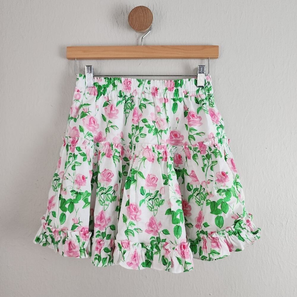Hill House The Paz Skirt Pink Roses Floral Linen Ruffle Mini Skirt NWT Small S - Picture 6 of 10